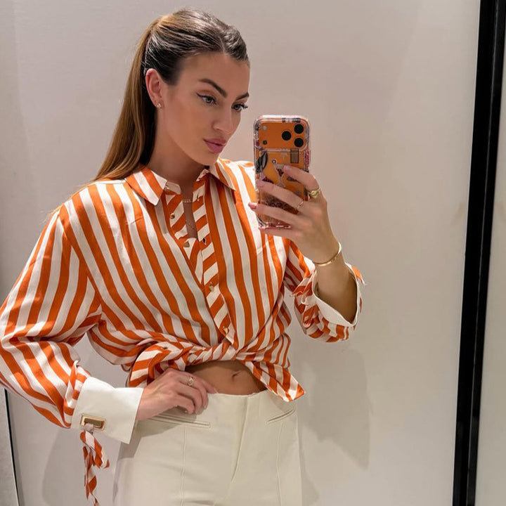 Women Striped Oversized Shirt Blouse with Contrasting Cuffs & Knot Finishes Mune Fashion