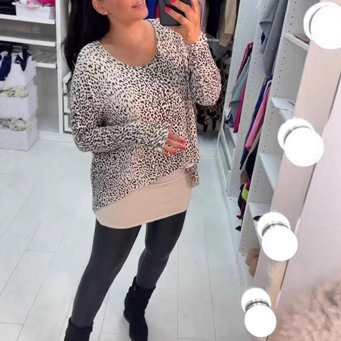 Women loose-fitting tunic long sleeve with leopard print, rounded hem and layered look Mune Fashion