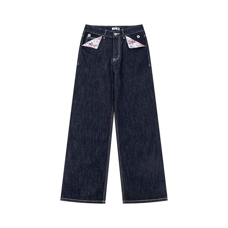 Women Loose High-Waist Jeans in Palazzo Cut with Decorative Stitching and Floral Pocket Lining Mune Fashion