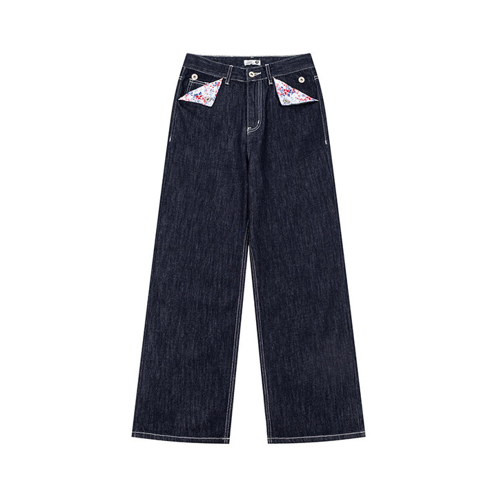 Women Loose High-Waist Jeans in Palazzo Cut with Decorative Stitching and Floral Pocket Lining Mune Fashion