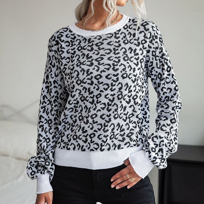 Women's light structured knitted sweater with leopard jacquard and ribbed round neckline Mune Fashion