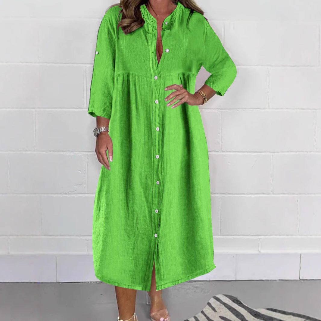 Women Loose Empire Midi Shirt Dress in Linen Look with Stand-Up Collar and 3/4 Sleeves Mune Fashion