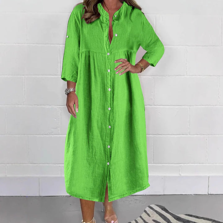 Women Loose Empire Midi Shirt Dress in Linen Look with Stand-Up Collar and 3/4 Sleeves Mune Fashion