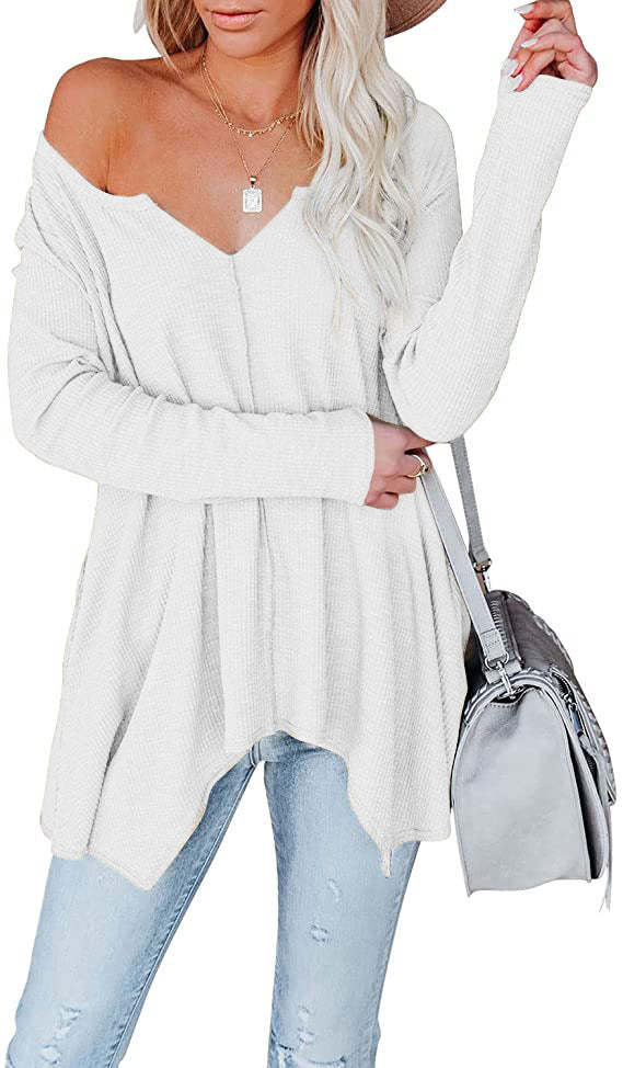 Women's Casual Waffle Knit Tunic Top with V-Neck, Off-Shoulder and Asymmetrical Hem Mune Fashion
