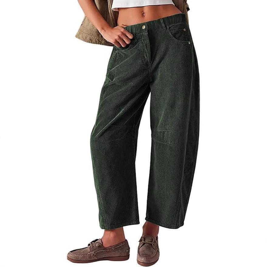 Women Wide Cord Pants with High Waist, Cropped Leg and Side Pockets Mune Fashion
