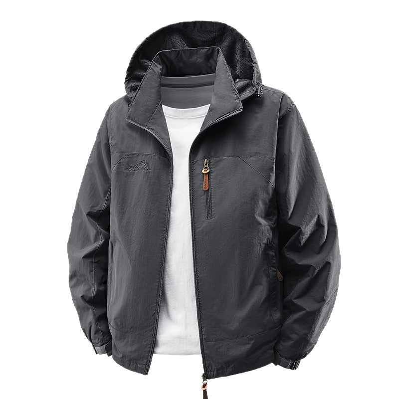 Men Packable Wind and Rain Jacket with Perforated Hood Lining, Chest Zip & Drawstring Mune Fashion