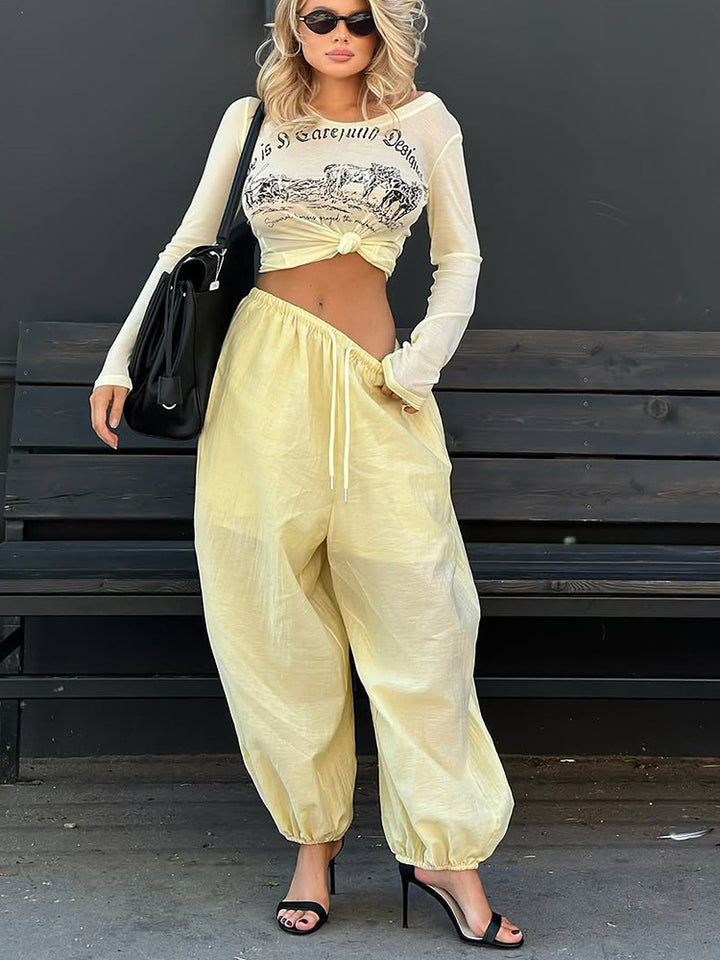 Women Lightweight Balloon Pants with Elastic Waistband, Drawstring & Ruched Ankle Cuff Mune Fashion