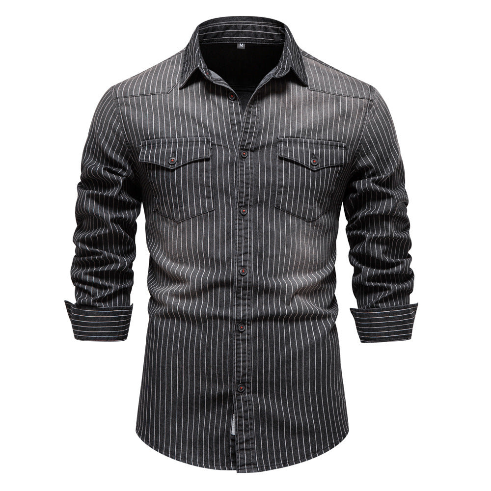 Men's tailored long-sleeve denim shirt with pinstripes and patch pockets Mune Fashion