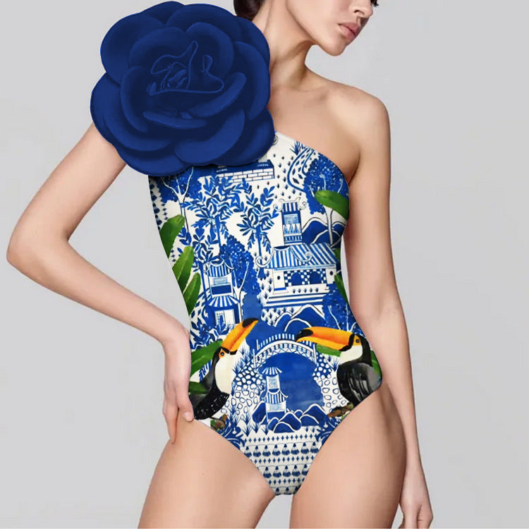 Women's One-Piece Swimsuit with Decorative Floral Element Mune Fashion