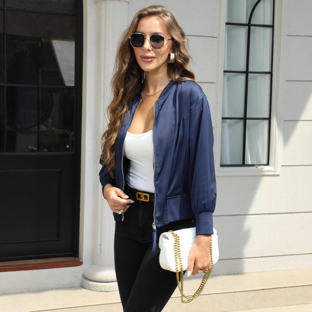 Women's Satin Bomber Jacket with Zipper and Ribbed Cuffs Mune Fashion