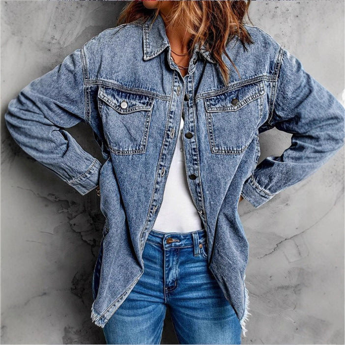 Women's Oversized Denim Jacket with Flap Pockets, Used Look and Raw Hem Mune Fashion
