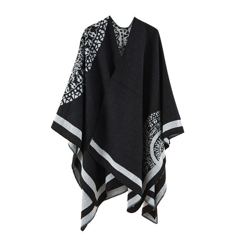 Women's Oversize Knit Poncho with Graphic Jacquard Pattern Mune Fashion