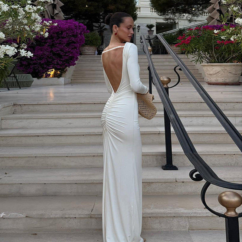 Women's Figure-Hugging Maxi Dress with Long Sleeves, Gathered Center Seam and Stretch Jersey Quality Mune Fashion