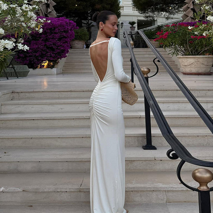 Women's Figure-Hugging Maxi Dress with Long Sleeves, Gathered Center Seam and Stretch Jersey Quality Mune Fashion