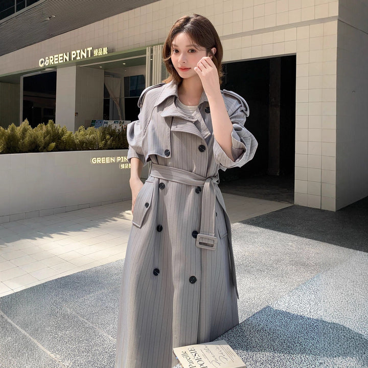 Women Elegant Maxi Long Pinstripe Trench with Shoulder Pads and Gathered Sleeves Mune Fashion