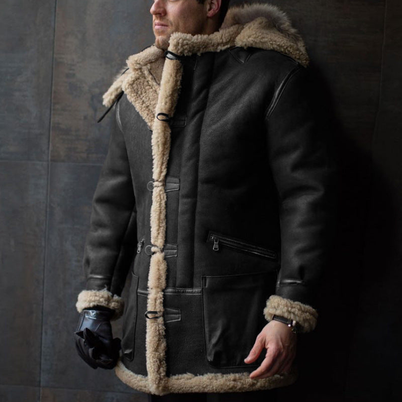 Men's Sheepskin Coat with Hood and Practical Pockets Mune