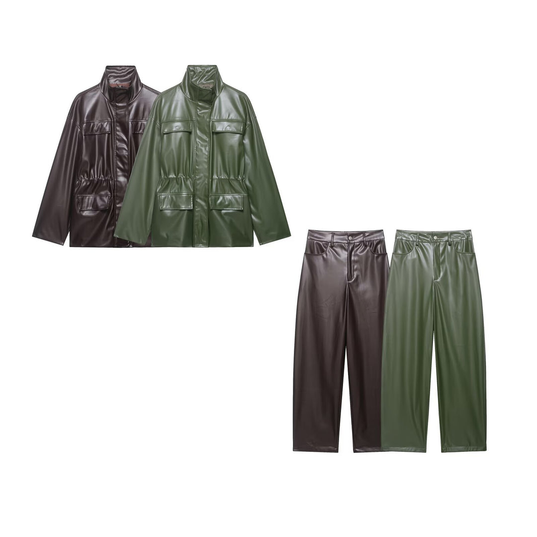 Women's Two-Piece PU Leather Ensemble with Field Jacket, Drawstring Waist and High-Waist Wide-Leg Pants Mune Fashion