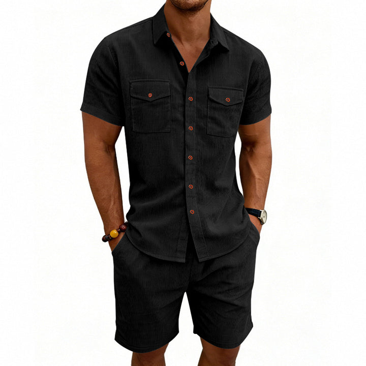 Men's structured cord leisure set with camp collar shirt and casual shorts Mune Fashion