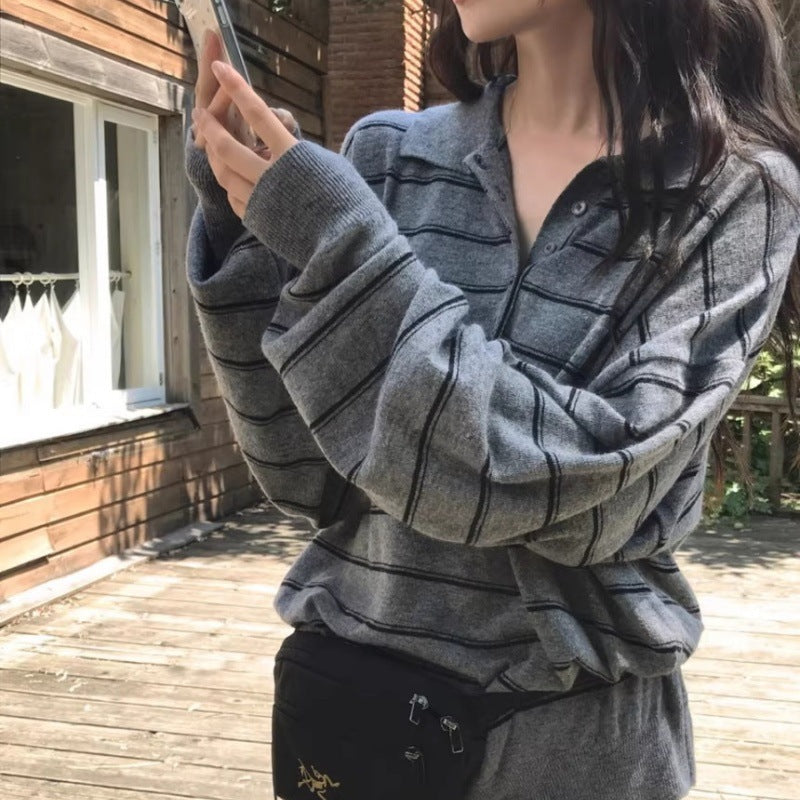 Women Oversized Polo Collar Knit Sweater with Stripes and Half Button Placket Mune Fashion