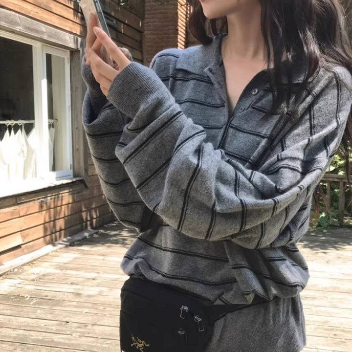 Women Oversized Polo Collar Knit Sweater with Stripes and Half Button Placket Mune Fashion