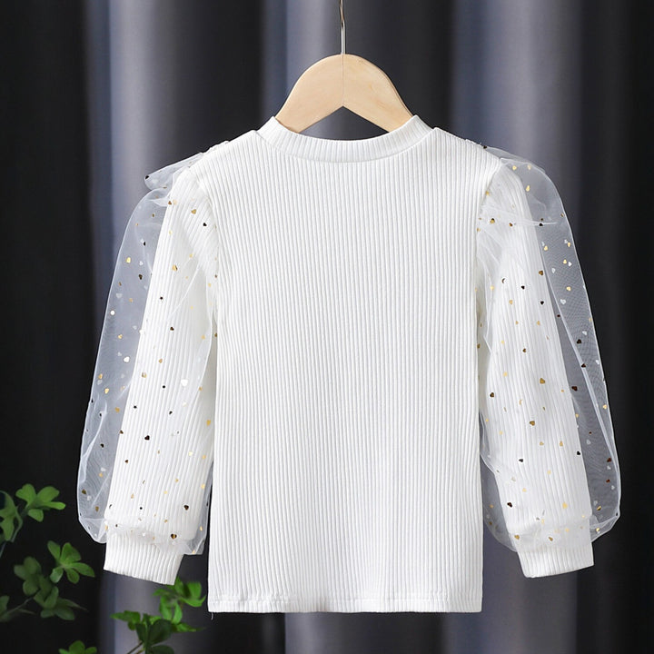 Girl long sleeve shirt with decorative tulle sleeves and lace applications Mune Fashion