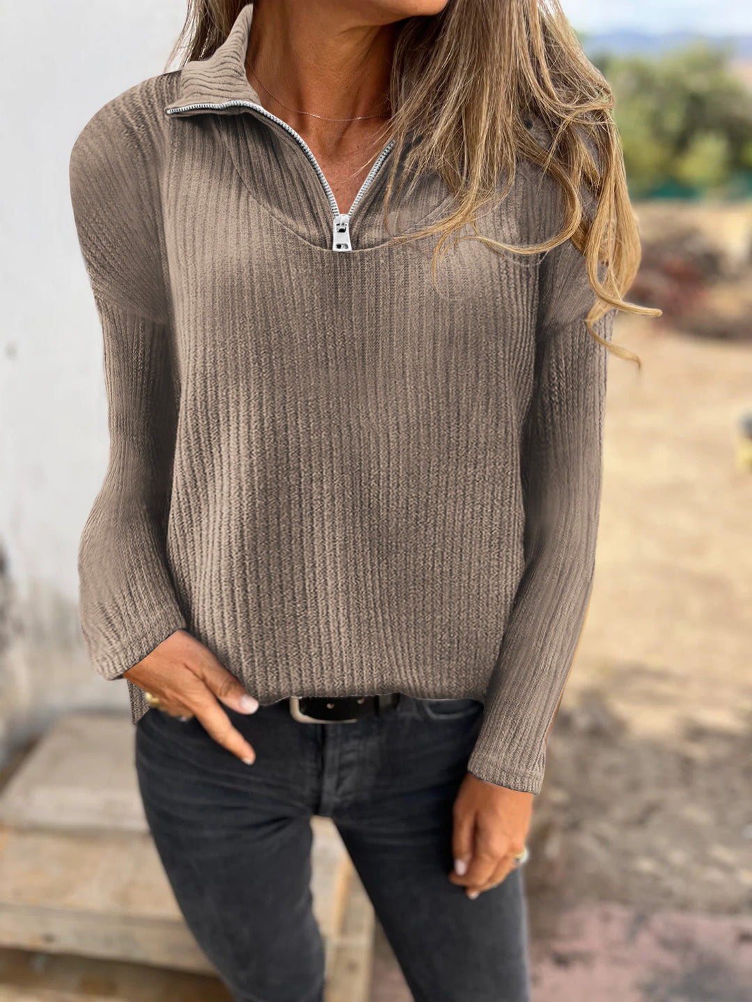 Women Ribbed Knit Sweater with Half Zip and Stand-Up Collar Mune Fashion