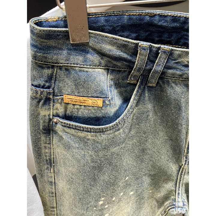 Men's Relaxed-Tapered Vintage Jeans with Paint-Splatter, High Waist and Cuffed Hem Mune Fashion
