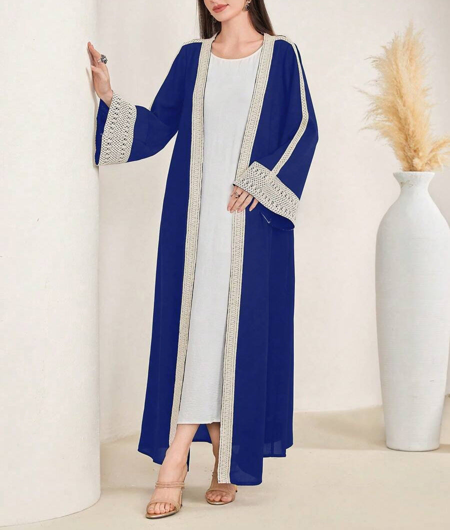 Ladies Long Open-Front Kaftan Coat with Crochet Lace Trim Mune Fashion