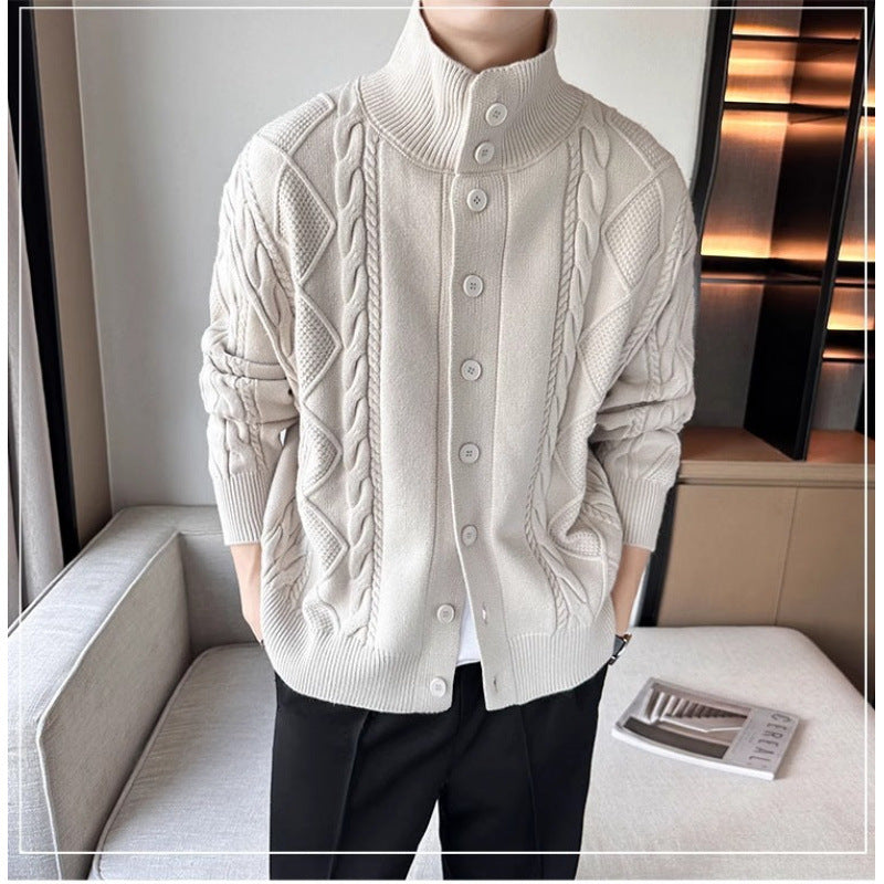 Men's Loose Knit Cardigan with High Stand-up Collar and Cable Pattern Mune Fashion