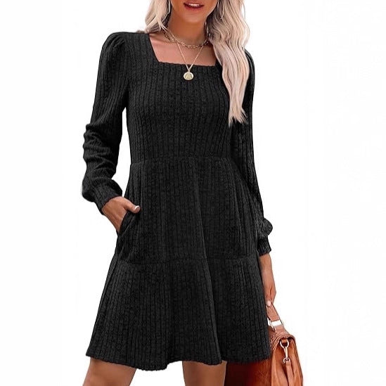 Women's Knitted A-Line Mini Dress with Square Neckline, Tiered Skirt and Pockets Drune