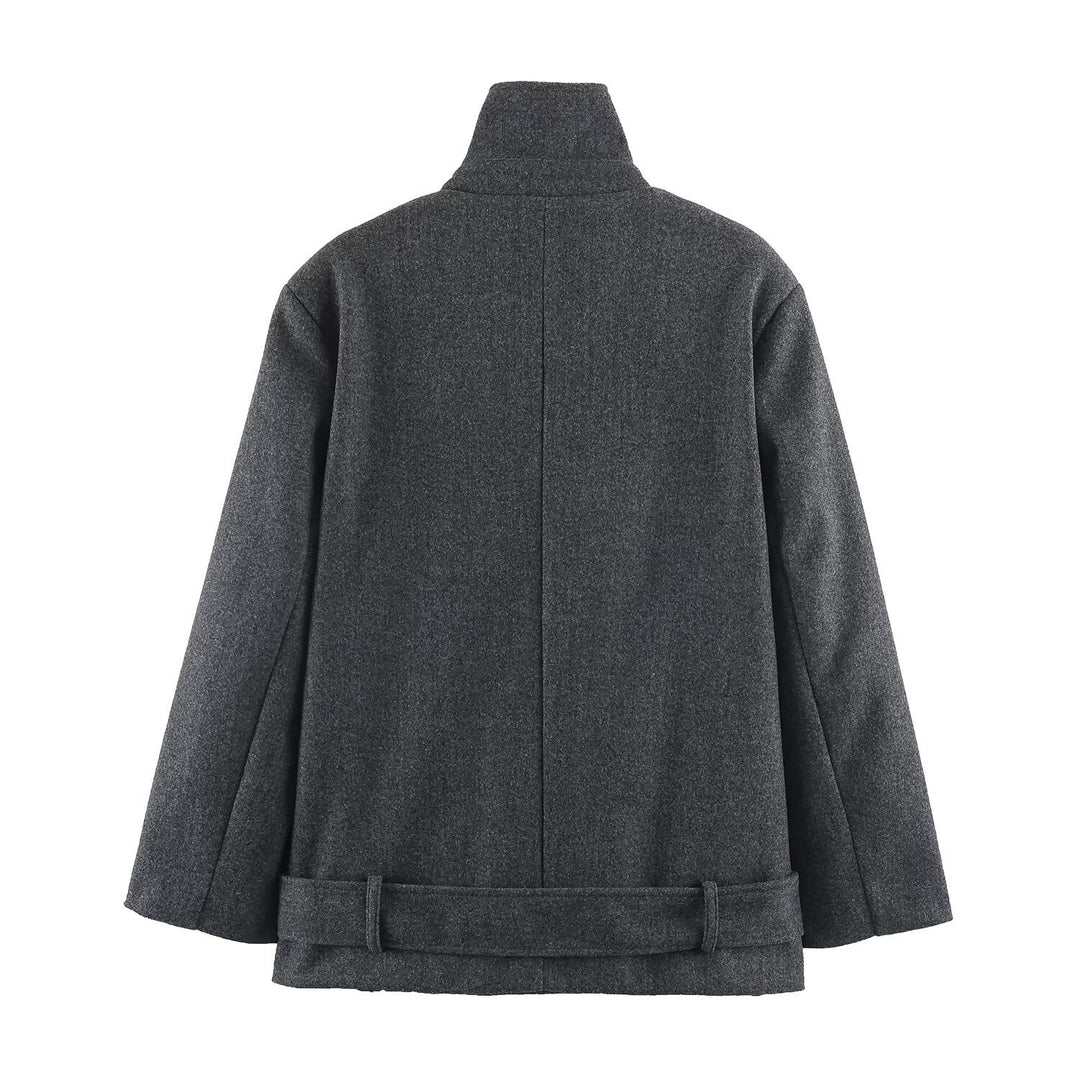 Women Short Double-Breasted Wool Blend Coat with High Stand Collar and Waist Belt Drune