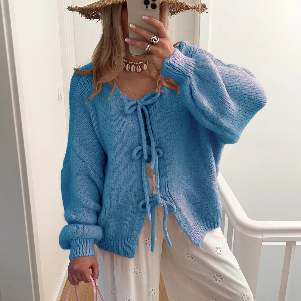 Women's Chunky Knit Open Cardigan with Ties, Oversized Silhouette and Raglan Sleeves Mune Fashion