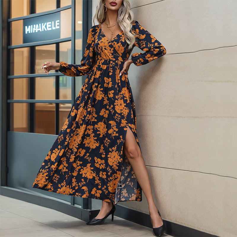 Women's Floral Maxi Dress with V-Neck and Ruffle Details Mune Fashion