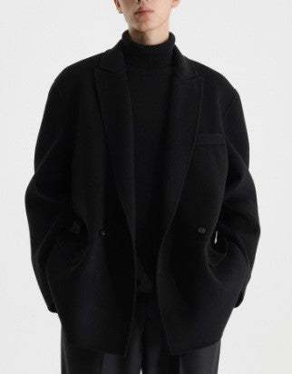 Men's Boxy Wool Blend Short Coat with Double Button and Notched Lapel Mune Fashion