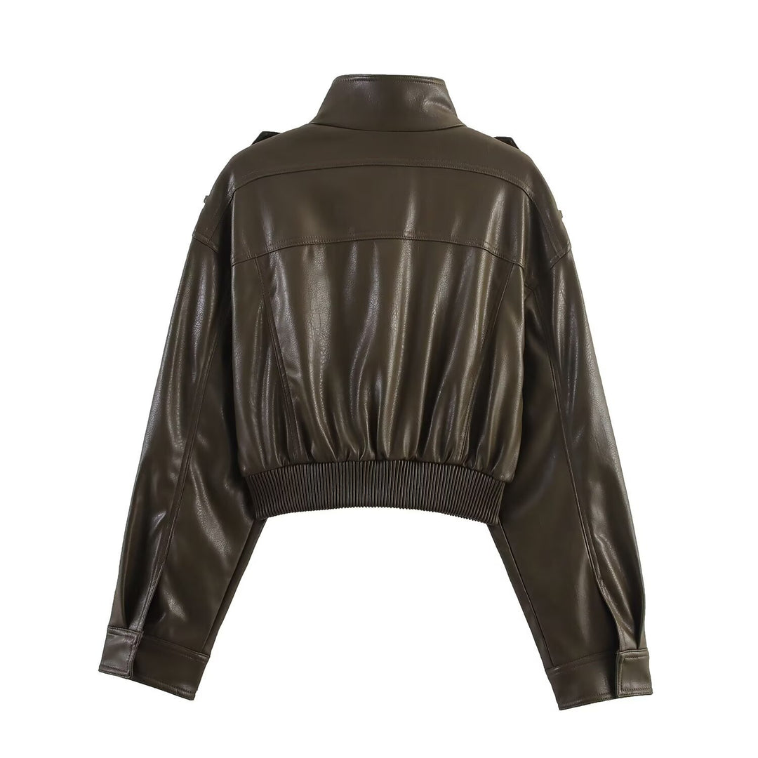 Women's 20+ tailored cropped leather-look bomber jacket with epaulettes Mune Fashion