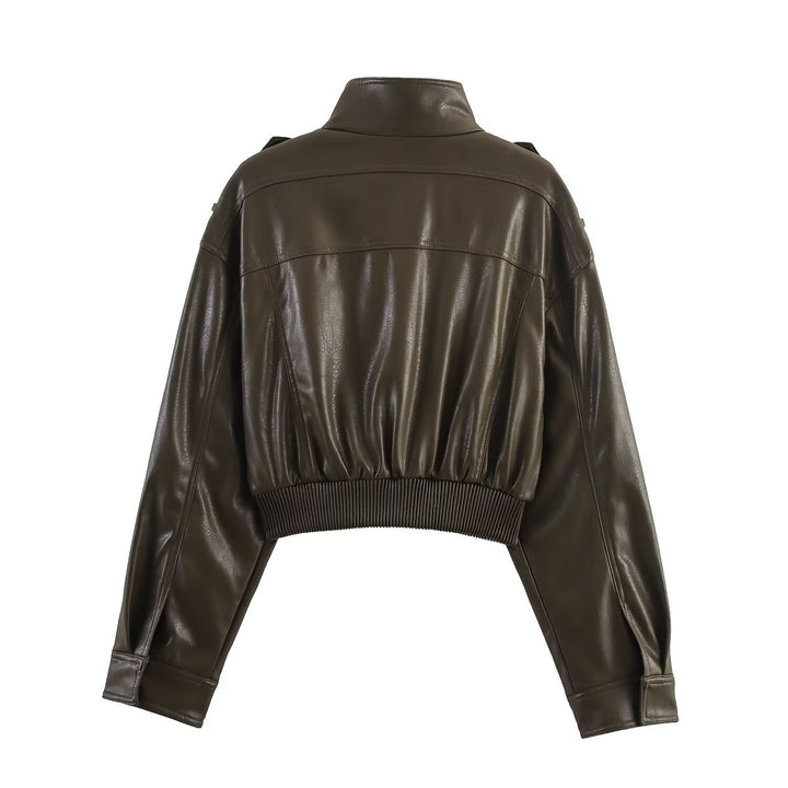 Women's 20+ tailored cropped leather-look bomber jacket with epaulettes Mune Fashion