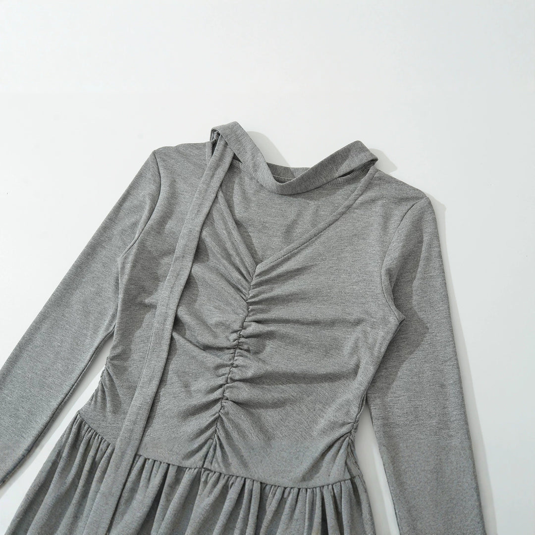 Women Long Jersey Maxi Dress with Gathering, V-Neck and Tied Scarf Mune Fashion