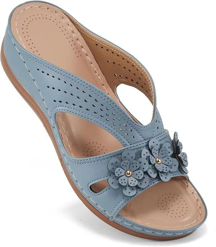 Ladies Comfortable Slippers with Flower Appliqué and Orthopedic Cushioning Mune Fashion