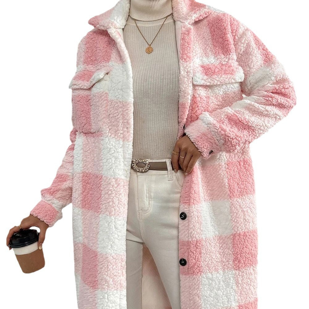 Women's longer teddy check coat with shirt collar, patch chest pockets and button placket Mune Fashion
