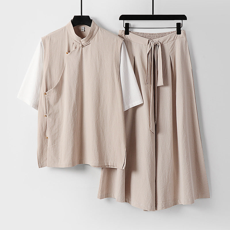 Women's Two-Piece Kimono Loungewear Set made of Linen Blend with Stand Collar Asymmetrical Button Placket and Wide Palazzo Skirt Mune Fashion