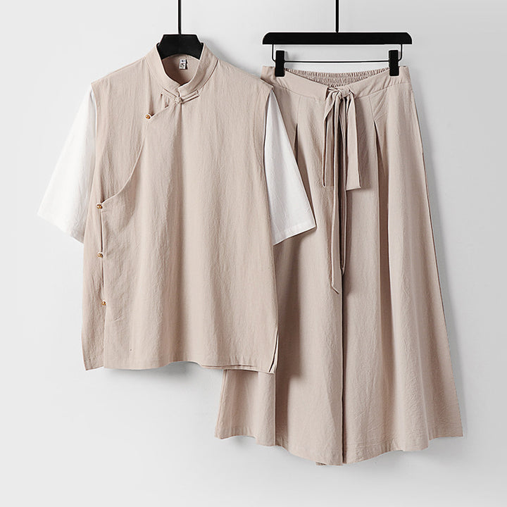Women's Two-Piece Kimono Loungewear Set made of Linen Blend with Stand Collar Asymmetrical Button Placket and Wide Palazzo Skirt Mune Fashion