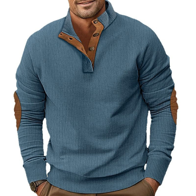 Men's ribbed Henley long sleeve shirt with stand collar and leather elbow patches Mune Fashion