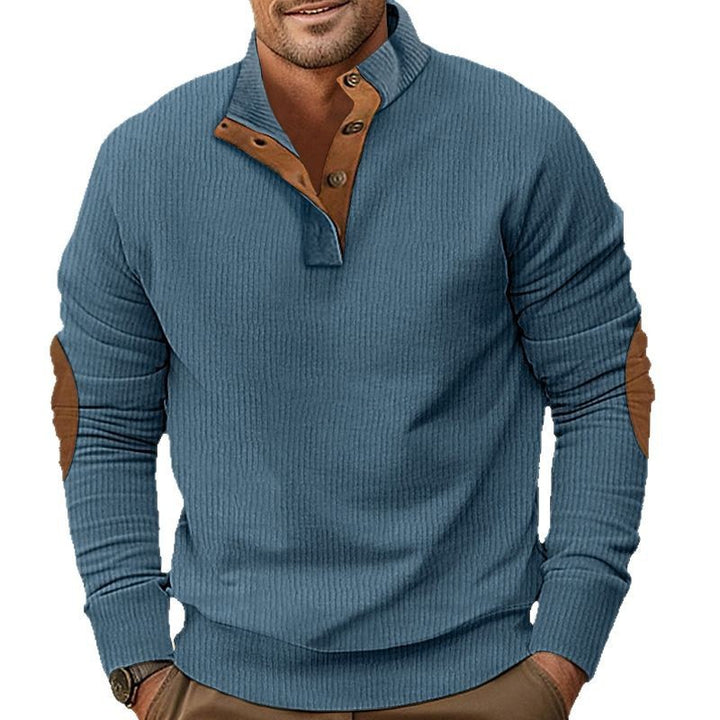 Men's ribbed Henley long sleeve shirt with stand collar and leather elbow patches Mune Fashion