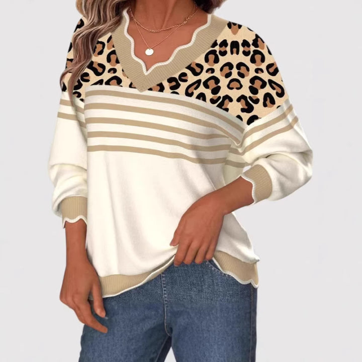 Ladies Stylish V-Neck Sweater with Leopard Print