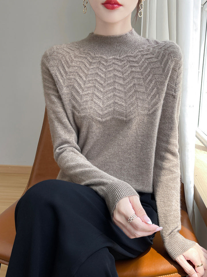 Women's Soft Fine Knit Mock Neck Sweater with Chevron Ajour and Cashmere Look Mune Fashion