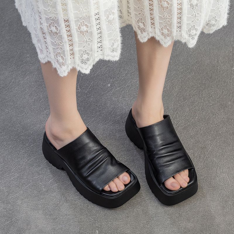 Women's Padded Platform Slides with Sculpted Profile Sole and Gathered Leather Upper Mune Fashion
