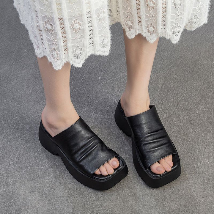 Women's Padded Platform Slides with Sculpted Profile Sole and Gathered Leather Upper Mune Fashion