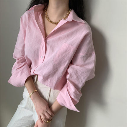 Women's linen blend shirt in relaxed boxy cut with Kent collar and chest pocket Mune Fashion