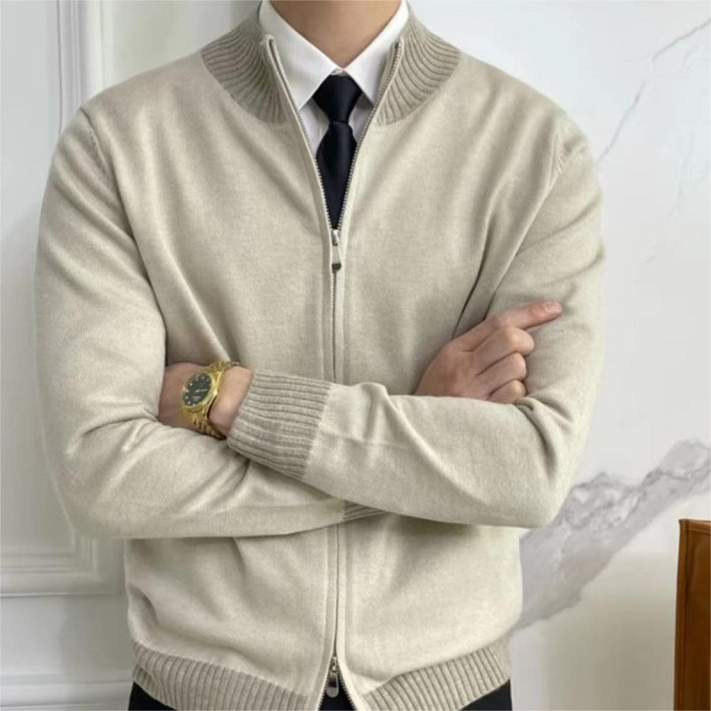 Men's zip fine knit cardigan with standing collar and ribbed hem Mune Fashion