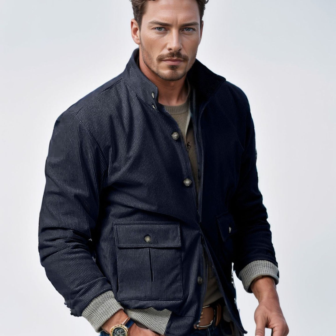 Men's Corduroy Field Jacket with Flap Pockets and Stand Collar Mune Fashion